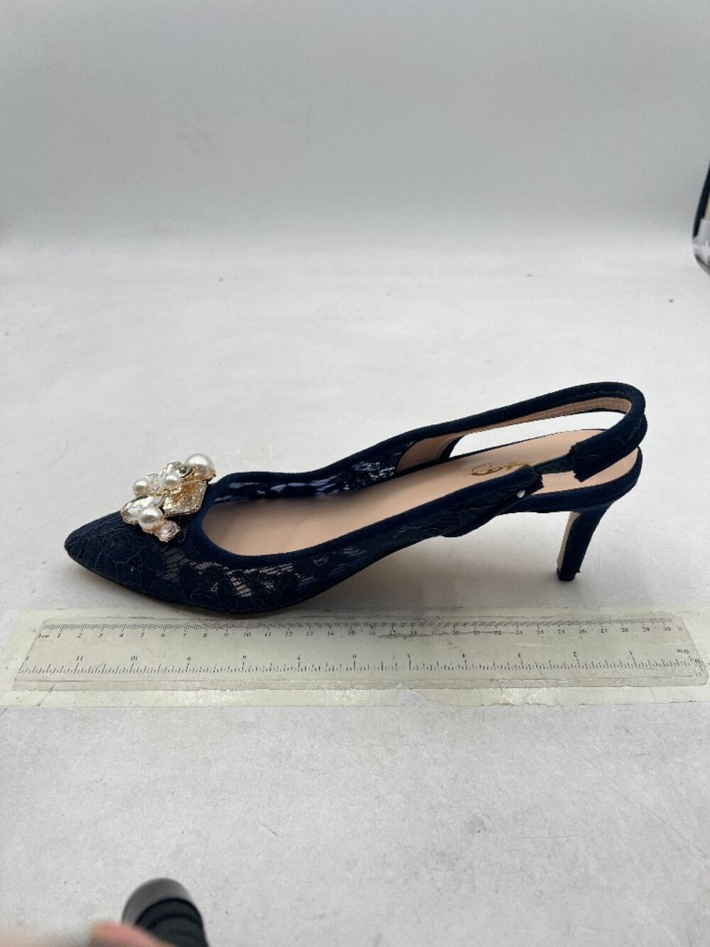 XYD Navy Lace Pointed Toe Slingback Heels Diamond Crystals Mesh Pump Sexy Shoes